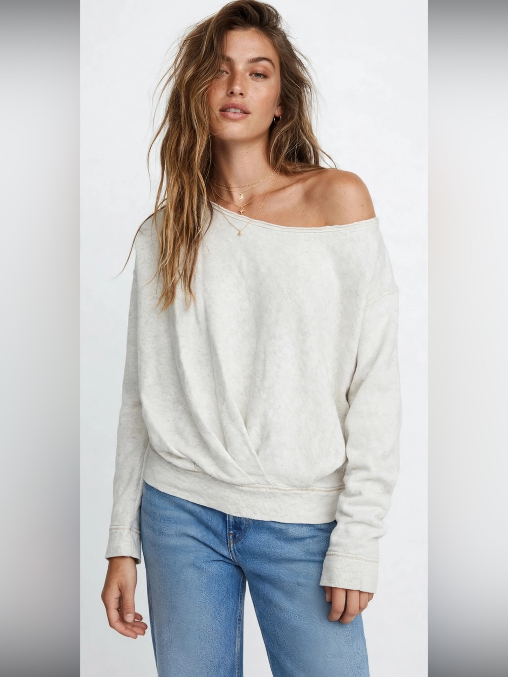 Free People | Cream Oatmeal Crossover Front Boatneck Pullover Oversized Sweater